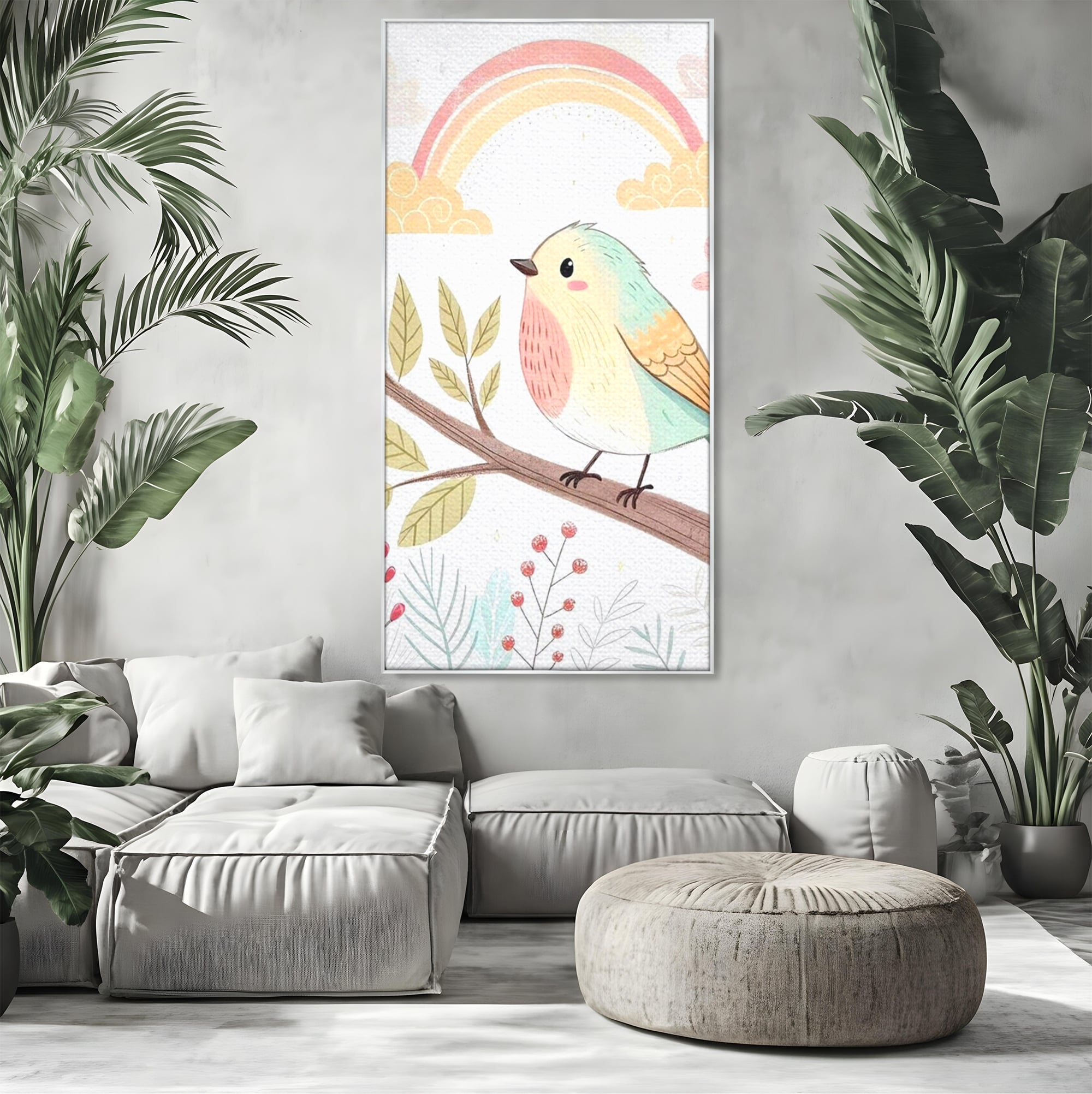 Tablou canvas cu tablou canvas cu pasare pe ramura, in rama de aluminiu argintiu, pe perete intr-un living